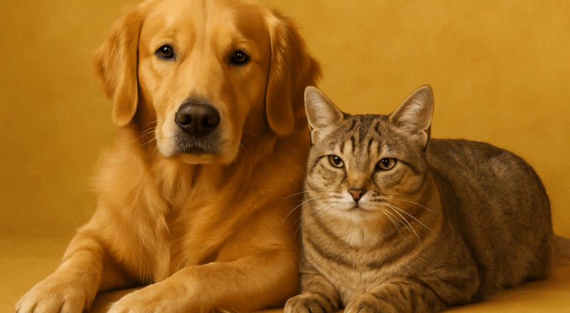 cão e gato deitados juntos em um fundo dourado