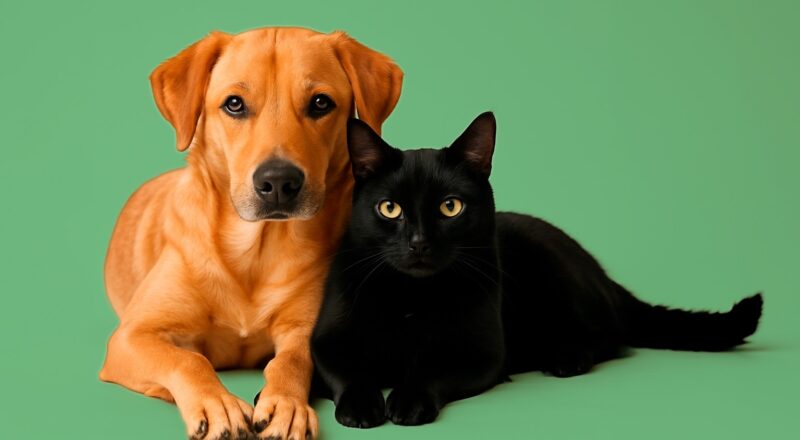cachorro caramelo e gato preto deitados juntos em um fundo verde-claro